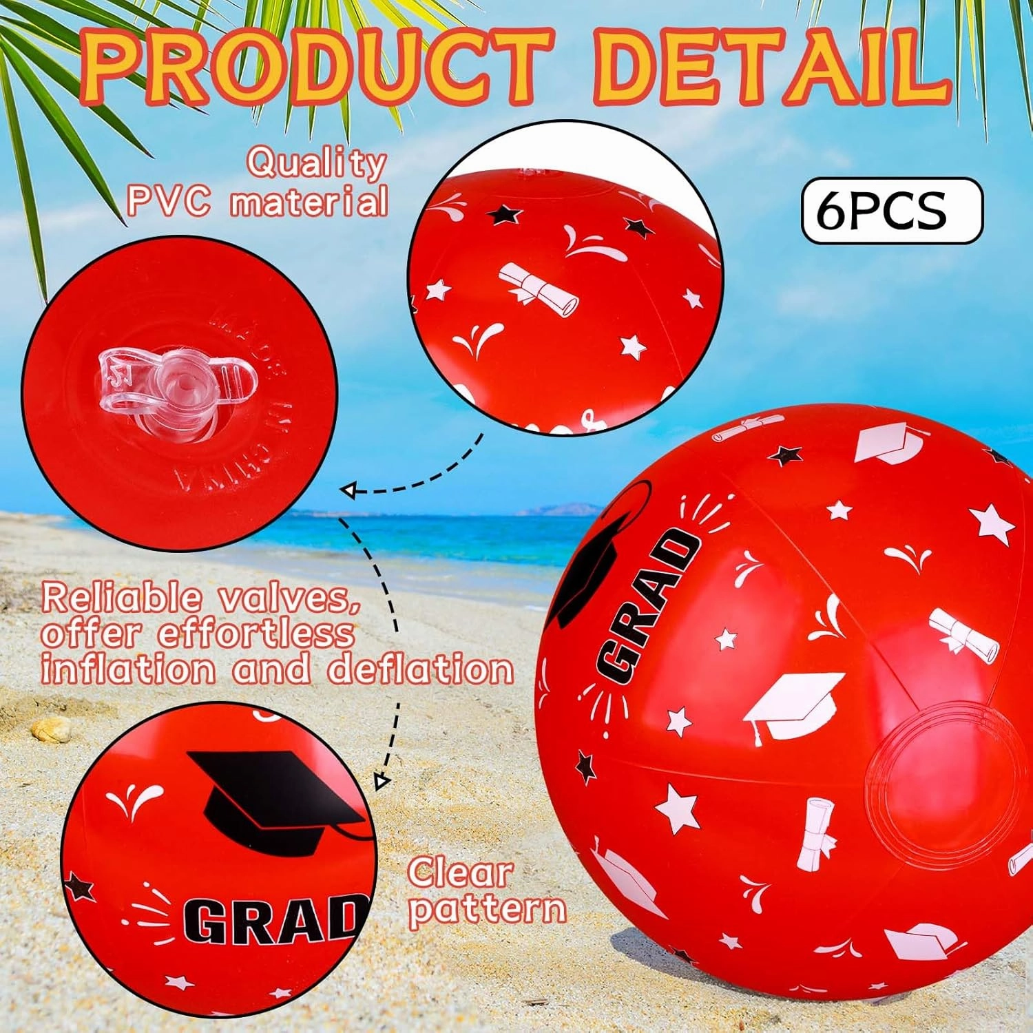 6 Pieces Graduation Giant Inflatable Beach Ball 16 Inch Congrats Grad Sign Beach Ball Inflatable Beach Balls Class of 2025 Party Favors for Summer Pool Beach Games Grad Decoration