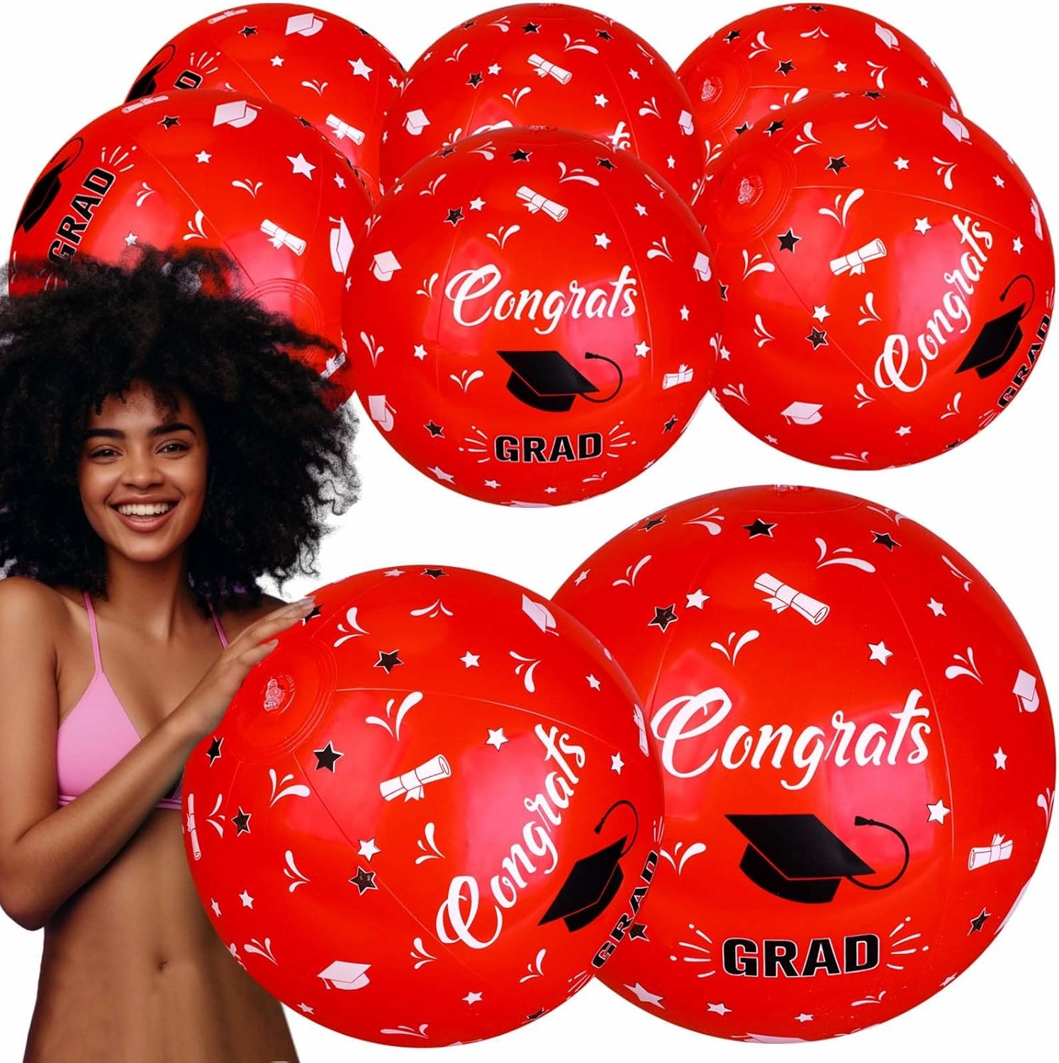 6 Pieces Graduation Giant Inflatable Beach Ball 16 Inch Congrats Grad Sign Beach Ball Inflatable Beach Balls Class of 2025 Party Favors for Summer Pool Beach Games Grad Decoration