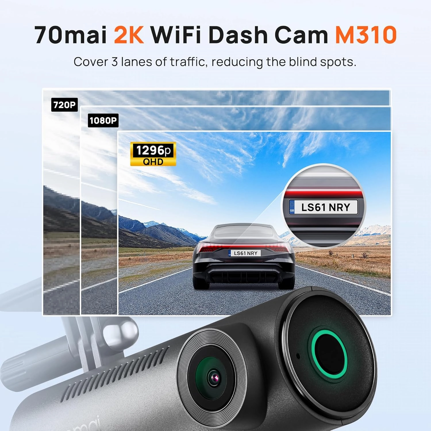 70mai Dash Cam M310, Dash Camera for Cars 1296P QHD, Smart Dash Cam Front Built in WiFi, 130° Wide-Angle FOV, WDR, Night Vision, iOS/Android Mobile App, Loop Recording, Parking Monitor, Time-Lapse