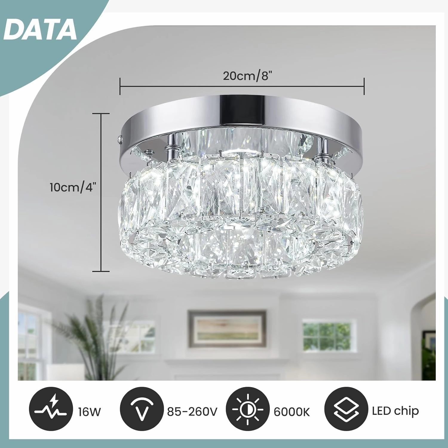 7.9 Inch Modern Mini Crystal Chandelier LED Flush Mount Ceiling Light - 16W 6000K Cool White, Round Crystal Lamp for Hallway, Kitchen, Bathroom, Bedroom, Laundry (Room) and Dining Room Lighting