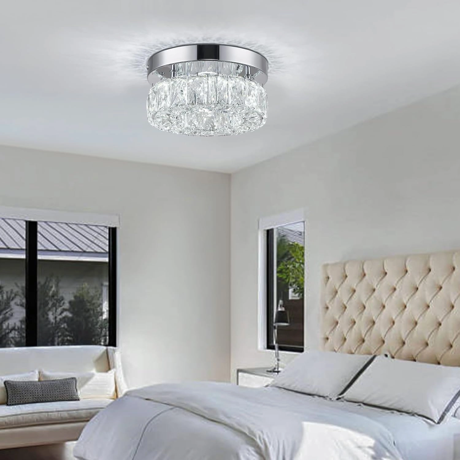 7.9 Inch Modern Mini Crystal Chandelier LED Flush Mount Ceiling Light - 16W 6000K Cool White, Round Crystal Lamp for Hallway, Kitchen, Bathroom, Bedroom, Laundry (Room) and Dining Room Lighting