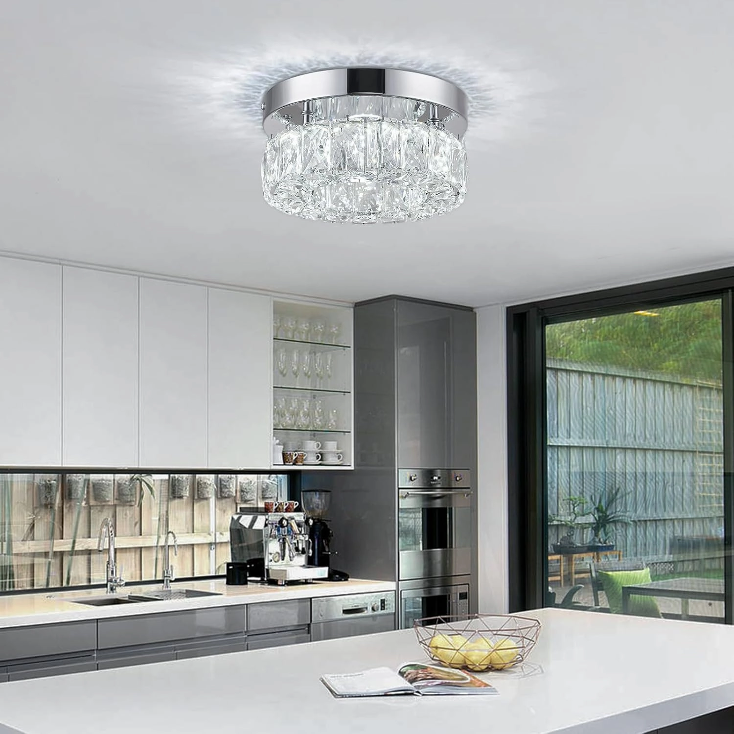 7.9 Inch Modern Mini Crystal Chandelier LED Flush Mount Ceiling Light - 16W 6000K Cool White, Round Crystal Lamp for Hallway, Kitchen, Bathroom, Bedroom, Laundry (Room) and Dining Room Lighting