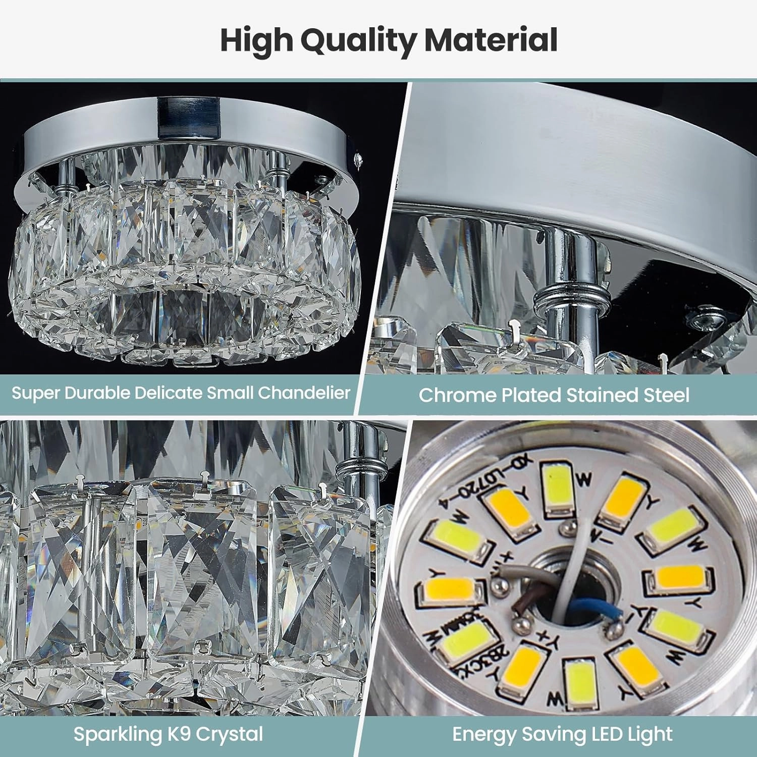 7.9 Inch Modern Mini Crystal Chandelier LED Flush Mount Ceiling Light - 16W 6000K Cool White, Round Crystal Lamp for Hallway, Kitchen, Bathroom, Bedroom, Laundry (Room) and Dining Room Lighting