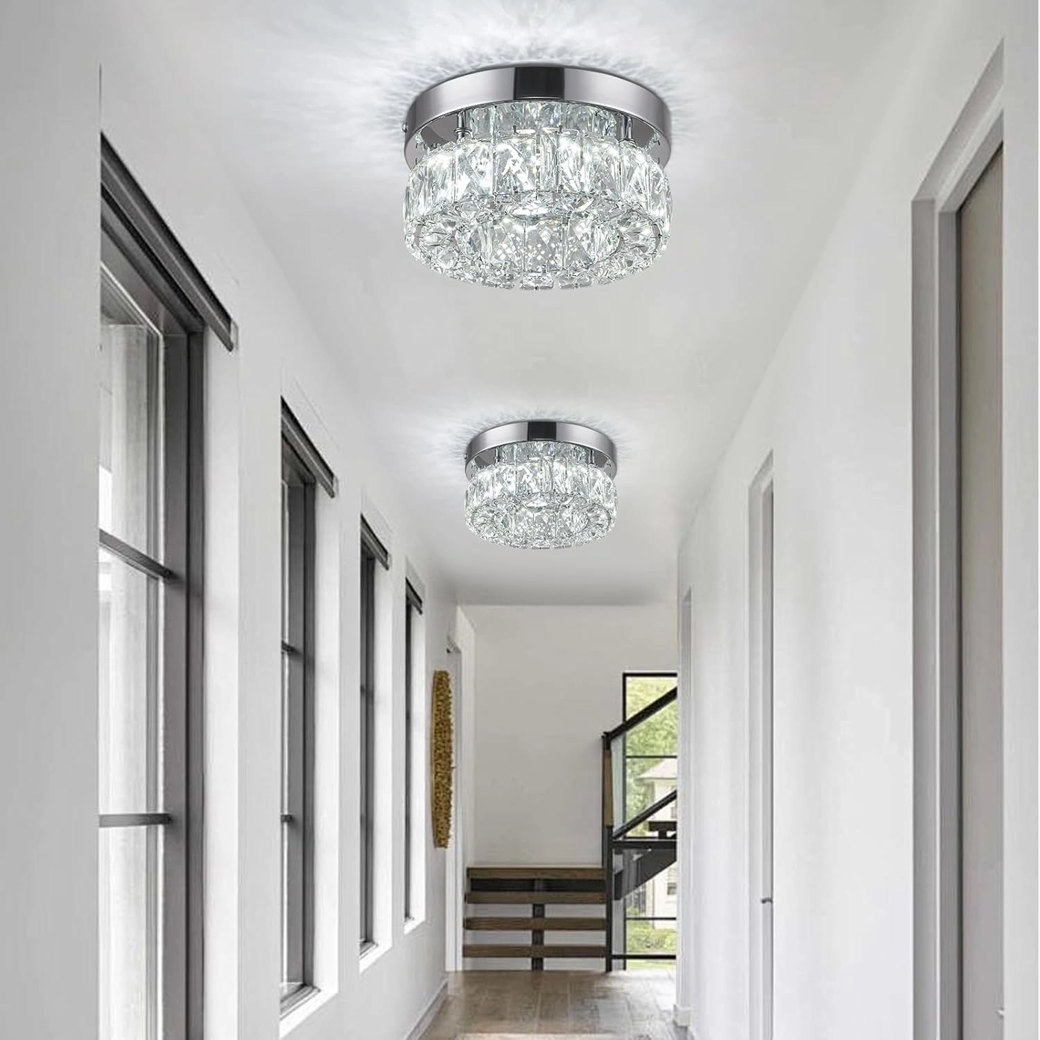 7.9 Inch Modern Mini Crystal Chandelier LED Flush Mount Ceiling Light - 16W 6000K Cool White, Round Crystal Lamp for Hallway, Kitchen, Bathroom, Bedroom, Laundry (Room) and Dining Room Lighting