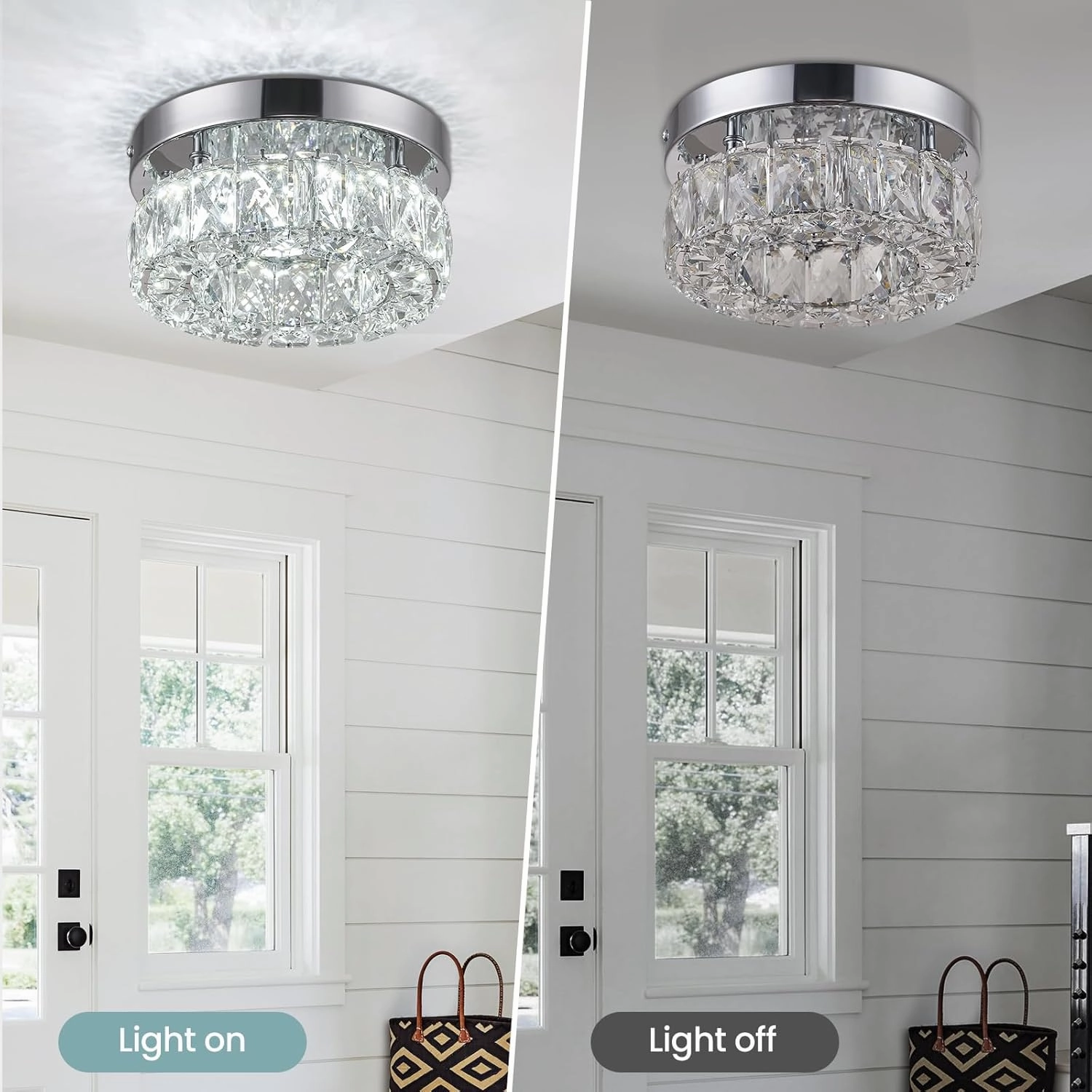 7.9 Inch Modern Mini Crystal Chandelier LED Flush Mount Ceiling Light - 16W 6000K Cool White, Round Crystal Lamp for Hallway, Kitchen, Bathroom, Bedroom, Laundry (Room) and Dining Room Lighting