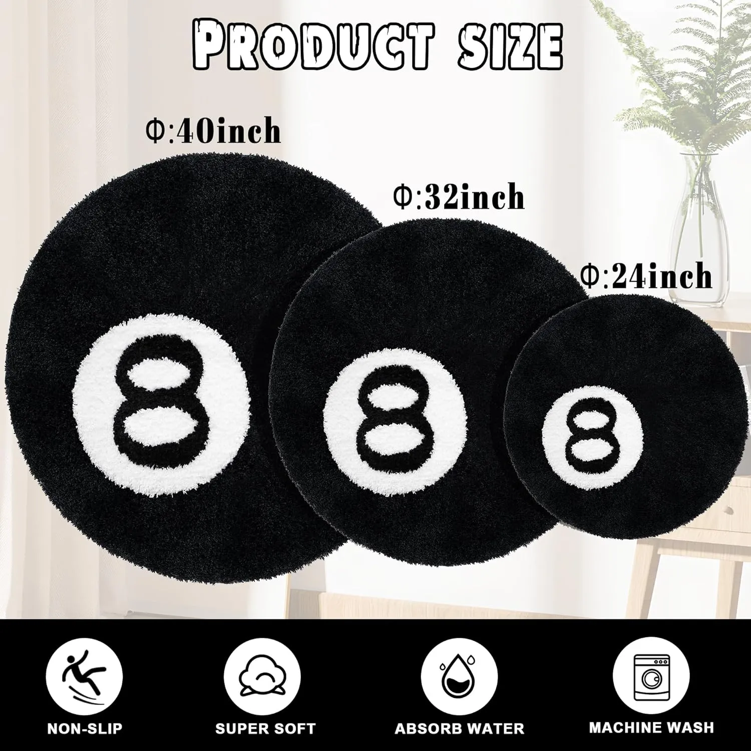 8 Ball Rug, 24 inch Large Black Round Rug for Home Decor, Stussy Cool Eight Ball Rug for Bedroom Living Room, Housewarming Gift, Black