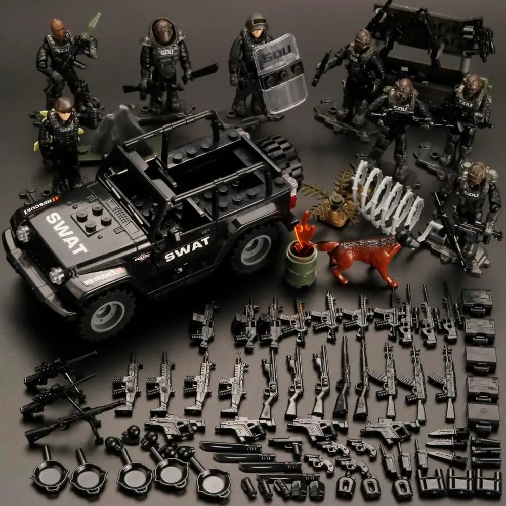 8 PCS Building Block City Policeman Mini-Figures with Multiple Military Weapons Accessories SWAT Equipment Military Vehicle Army Car Assembly Building Toys Gift for Boys