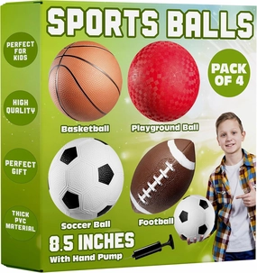 8.5” Sports Balls for Kids & Toddlers - (Pack of 4) Rubber Inflatable Multi-Sport Ball Set - Football, Soccer Ball, Basketball & Playground Ball - Outdoor Toys for Boys & Girls, (Hand Pump Included)