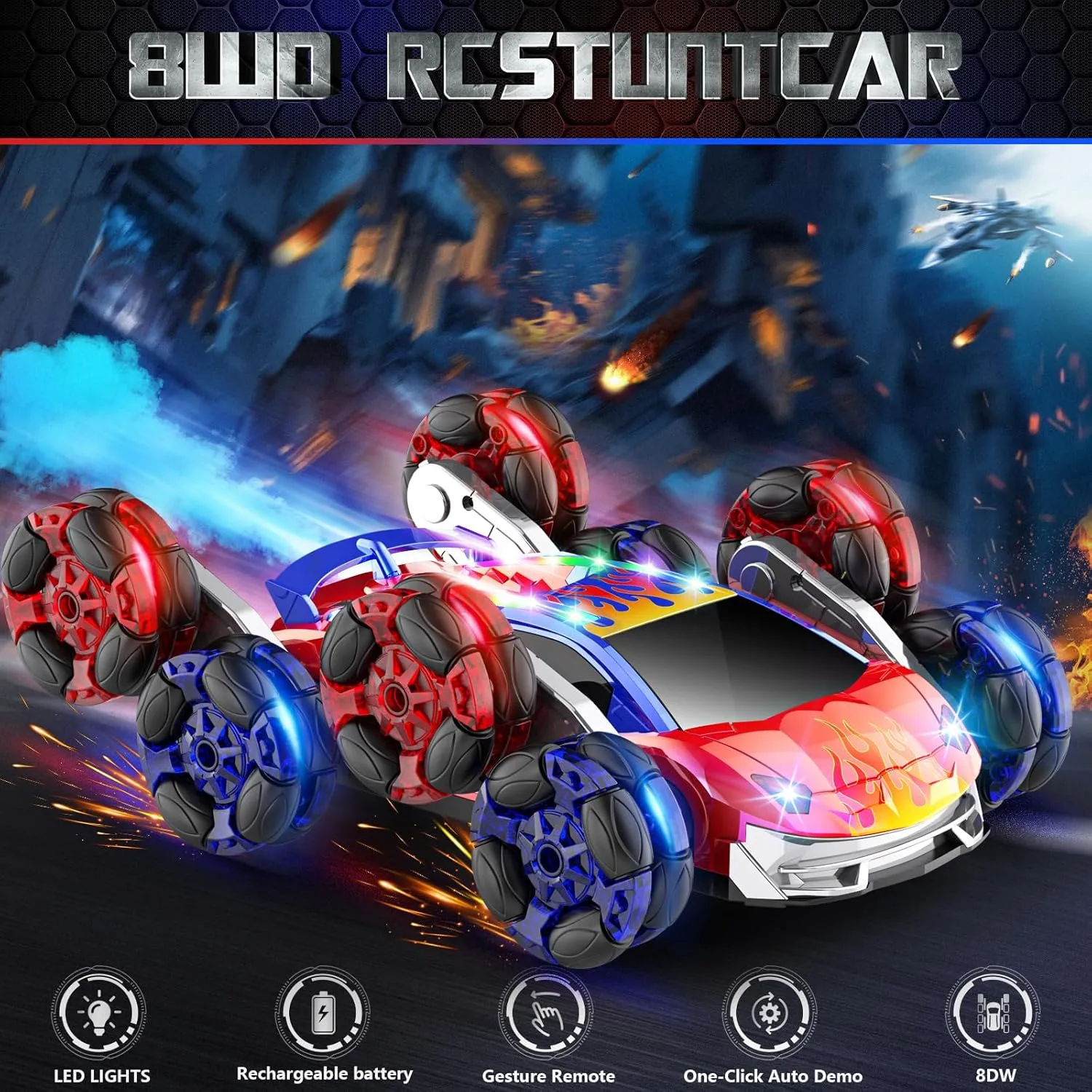 8WD Remote Control Car,2.4GHz Gesture Sensing RC Stunt Car,Cool Spray Rotation RC Car with Lights and Music,All Terrain Toys for Kids Ages 7 Birthday Gifts for Boys Girls(Red)