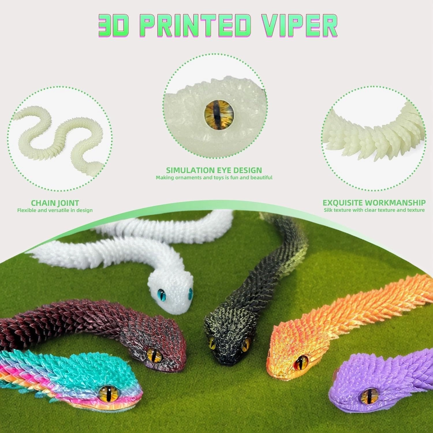 9 PCS 3D Printed Articulated Snakes, 12'' Movable Joint Fidget Viper Animal Model, Creative Ornaments Toys for Easter Home Office Tabletop Decor