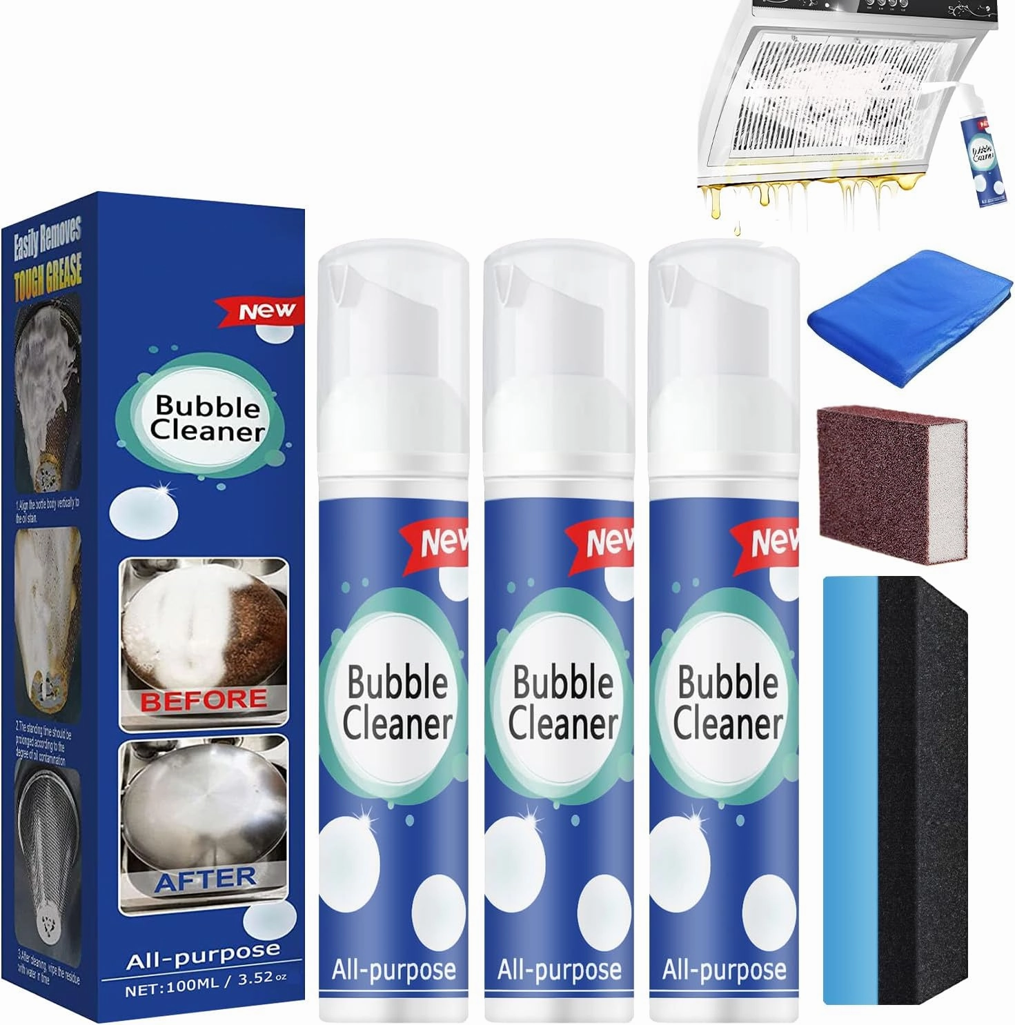 (100ML*3PCS) Bubble Cleaner Foam,Foaming Heavy Oil Stain Cleaner,All-Purpose Rinse-free Cleaner Spray,Kitchen Deep Cleaning Spray,Powerful Stain,Stubborn Grease & Grime Remover Bubble Spray