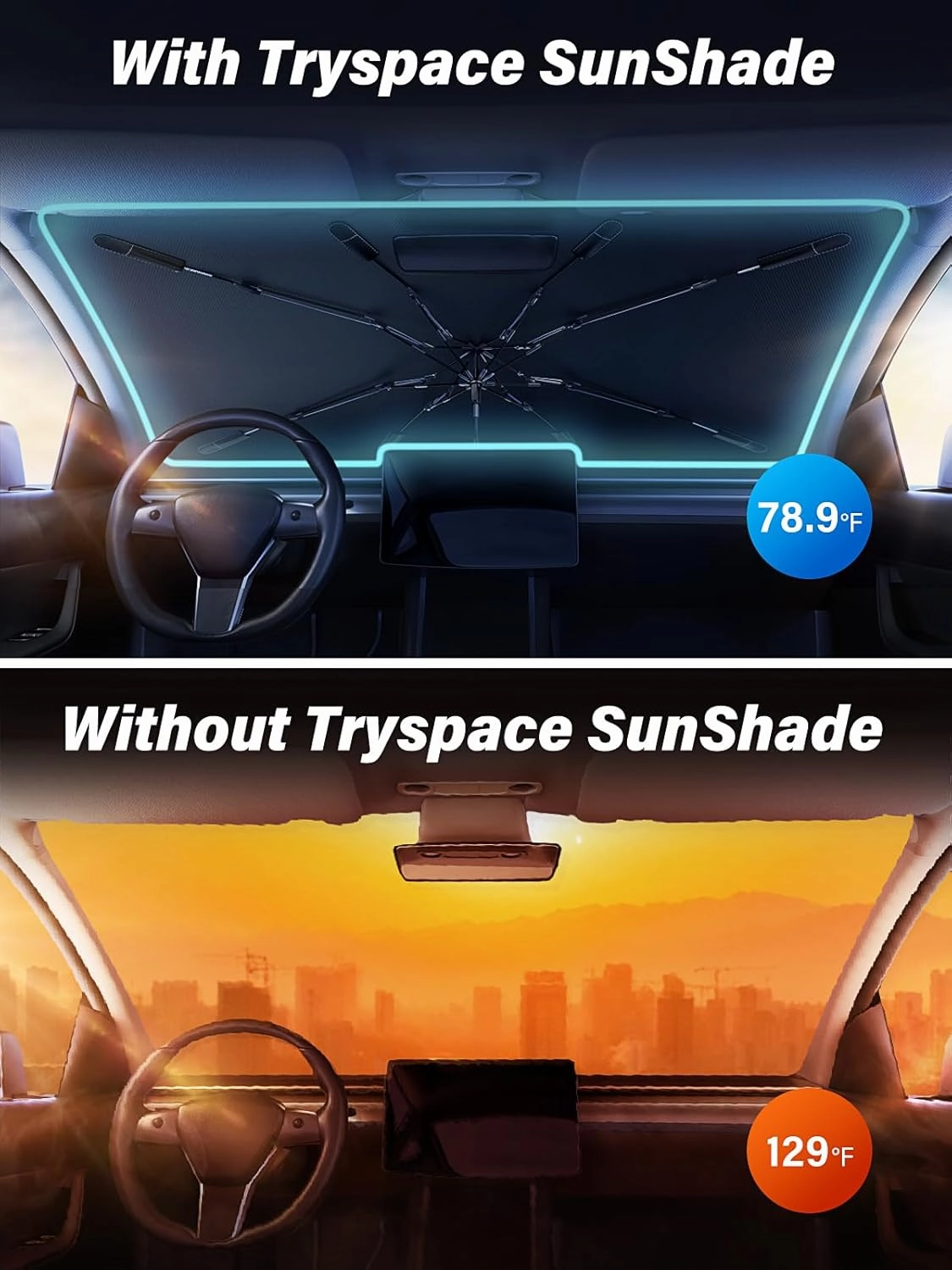 [2025 Upgrade] TrySpace Car Windshield Sun Shade Umbrella - [Silver Heat Shield & UV Reflective] Protector for Cars, Universal Fit Large (61" L x 35" W) | 25°F Cooler, Friendly Vinyl Coatings