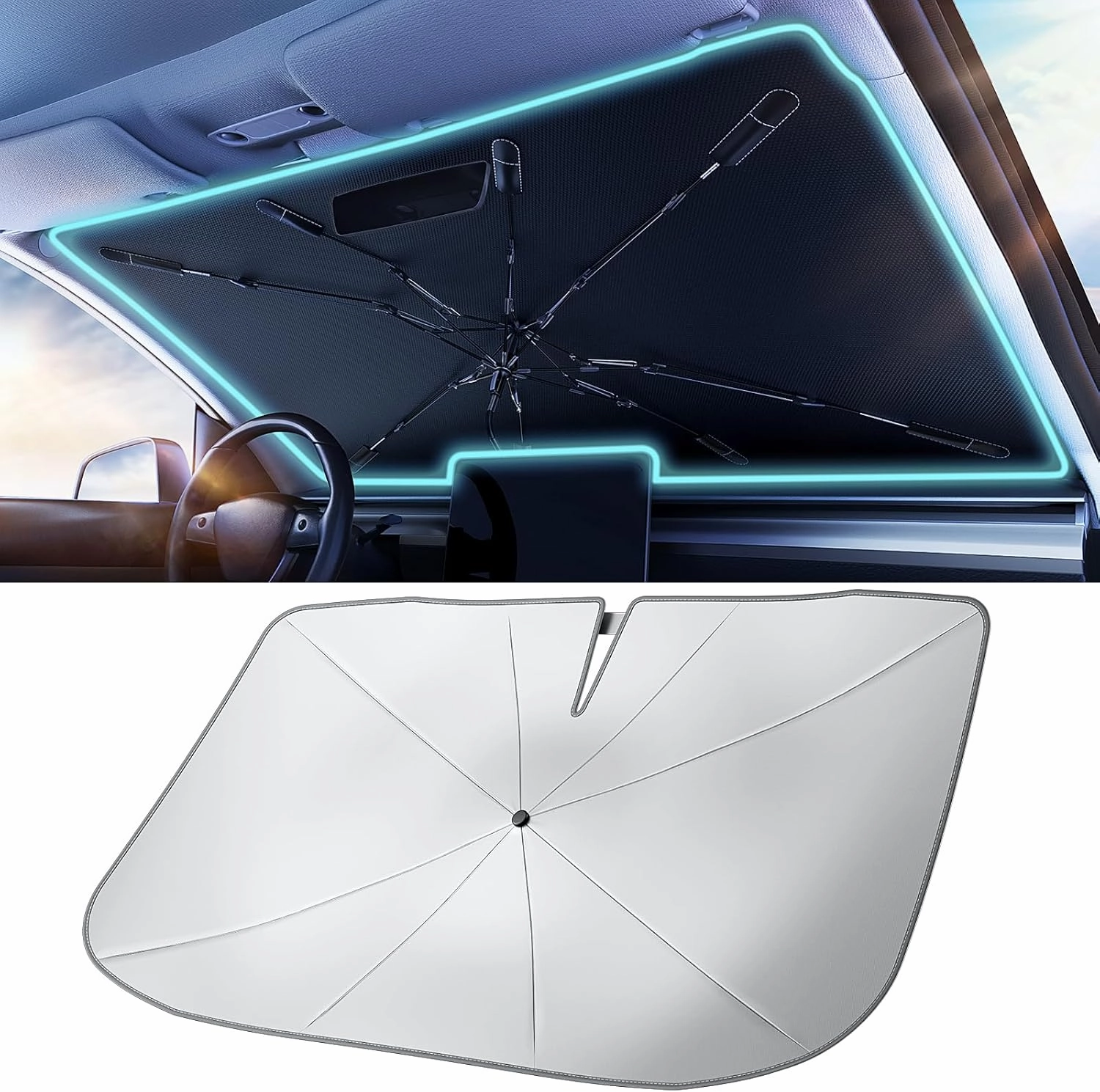 [2025 Upgrade] TrySpace Car Windshield Sun Shade Umbrella - [Silver Heat Shield & UV Reflective] Protector for Cars, Universal Fit Large (61" L x 35" W) | 25°F Cooler, Friendly Vinyl Coatings