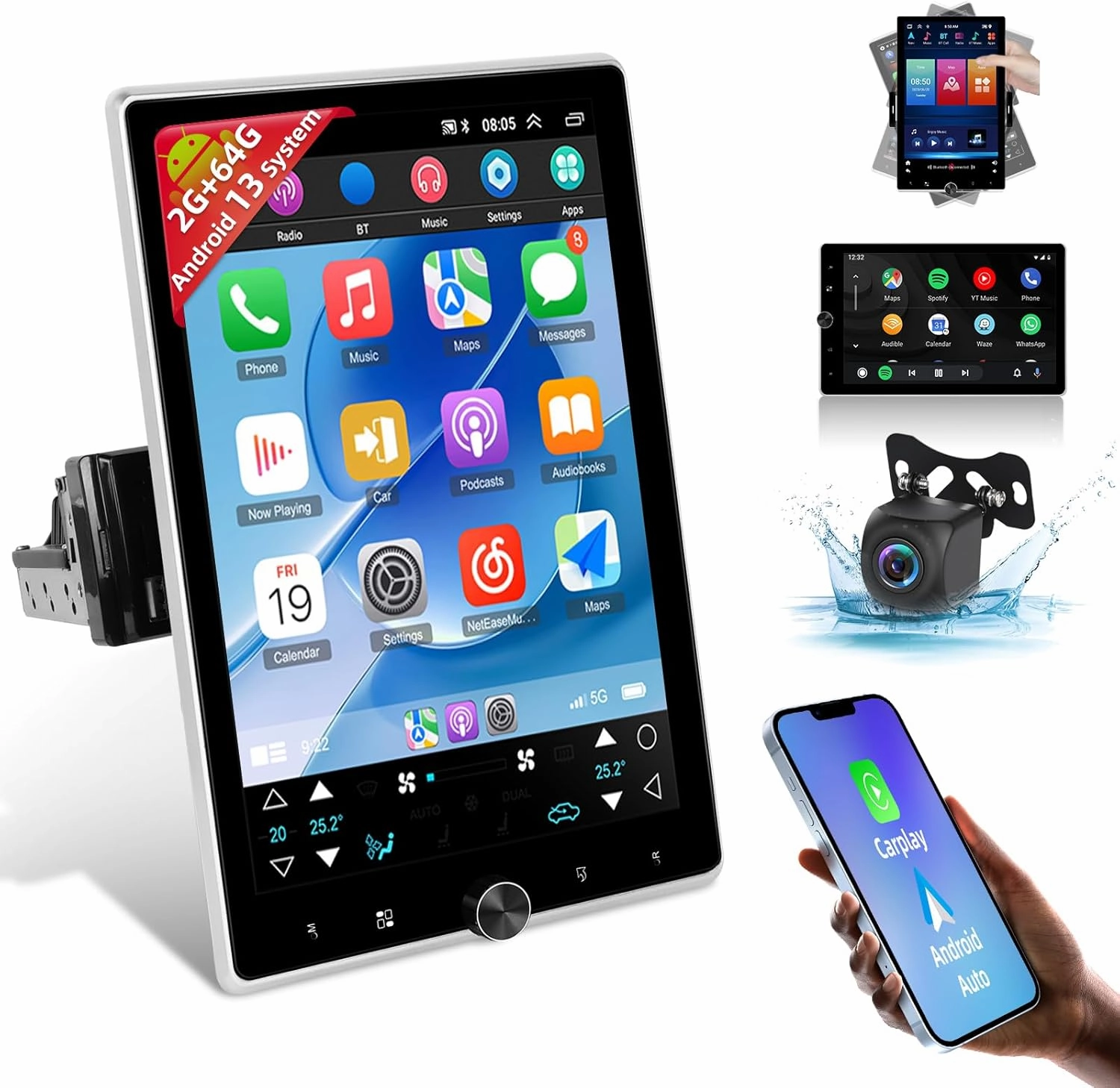[2G 64G] Android 13 Rotatable Single Din Vertical Car Stereo 10.4 inch Touch Screen Radio Unit with Wireless Carplay & Android Auto/EQ Audio/Bluetooth 4.2/SWC/GPS Navigation/FM RDS