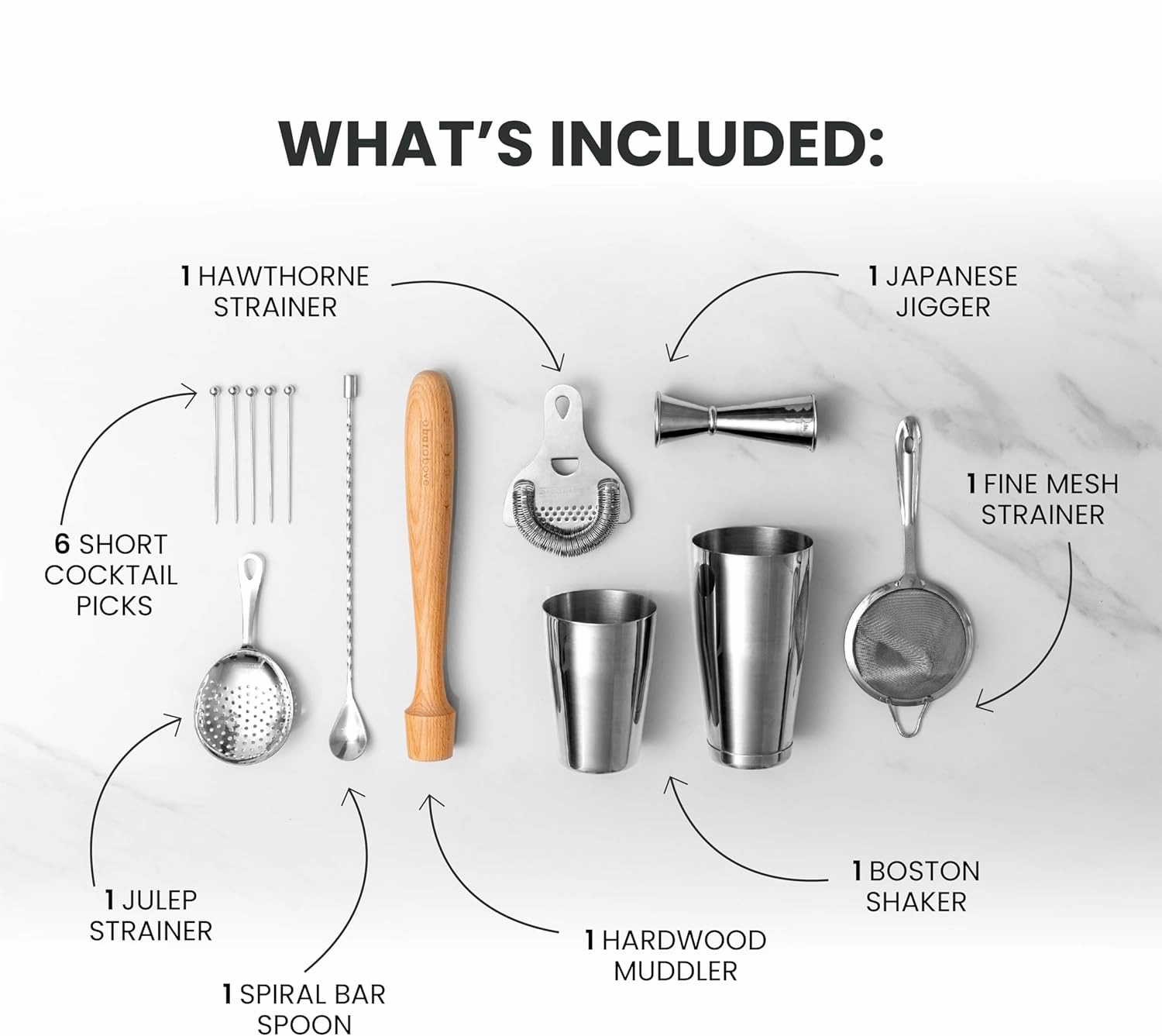 A Bar Above 14-Piece Professional Bartender Gift Set, Premium Barware Accessories, for Home Bar, Bartending Gift Kit, Includes Shaker, Jigger, Strainers, and More