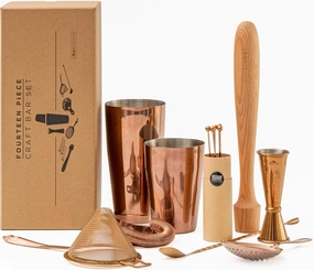A Bar Above 14-Piece Professional Bartender Gift Set, Premium Barware Accessories, for Home Bar, Bartending Gift Kit, Includes Shaker, Jigger, Strainers, and More