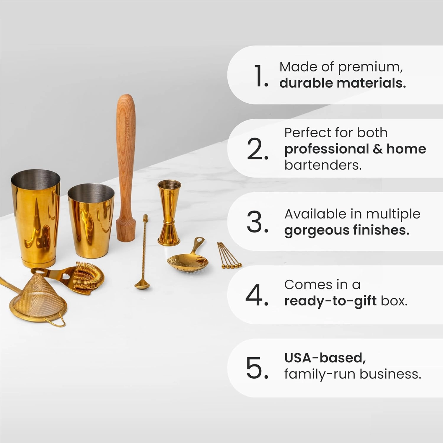 A Bar Above 14-Piece Professional Bartender Gift Set, Premium Barware Accessories, for Home Bar, Bartending Gift Kit, Includes Shaker, Jigger, Strainers, and More