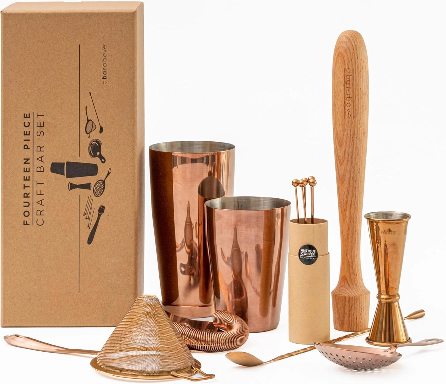 A Bar Above 14-Piece Professional Bartender Gift Set, Premium Barware Accessories, for Home Bar, Bartending Gift Kit, Includes Shaker, Jigger, Strainers, and More