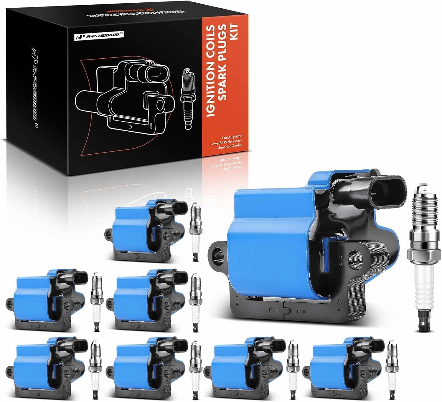 A-Premium Set of 8 (Blue) Ignition Coil Pack and Iridium Spark Plugs Compatible with Chevrolet Silverado GMC Sierra 1500 2500 Tahoe Yukon Buick Cadillac Hummer