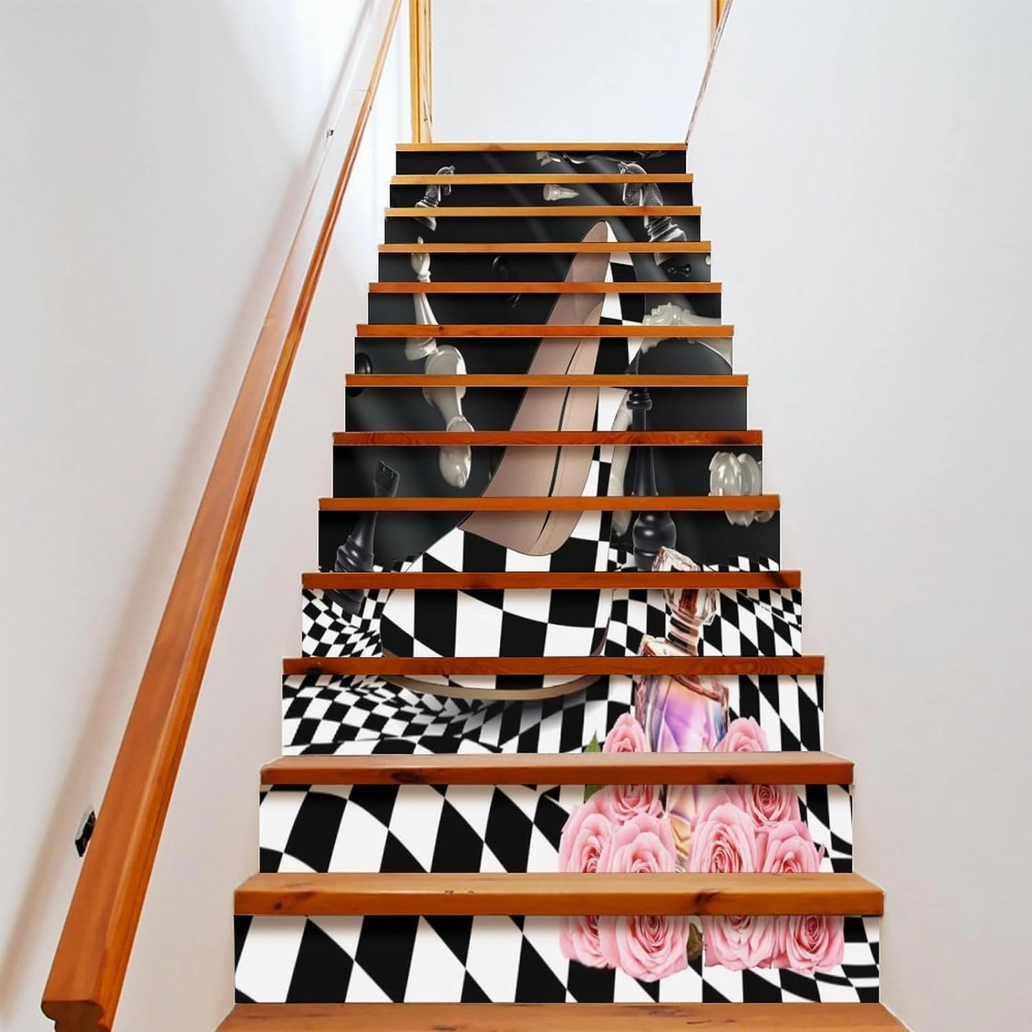 Abstract Modern Art High Heels Stair Riser Decoration Decorative Decals,Rustic Black White Plaid Makeup Theme High Heels for Indoor Outdoor Stair 7.1W"x39.4L"x2 Set