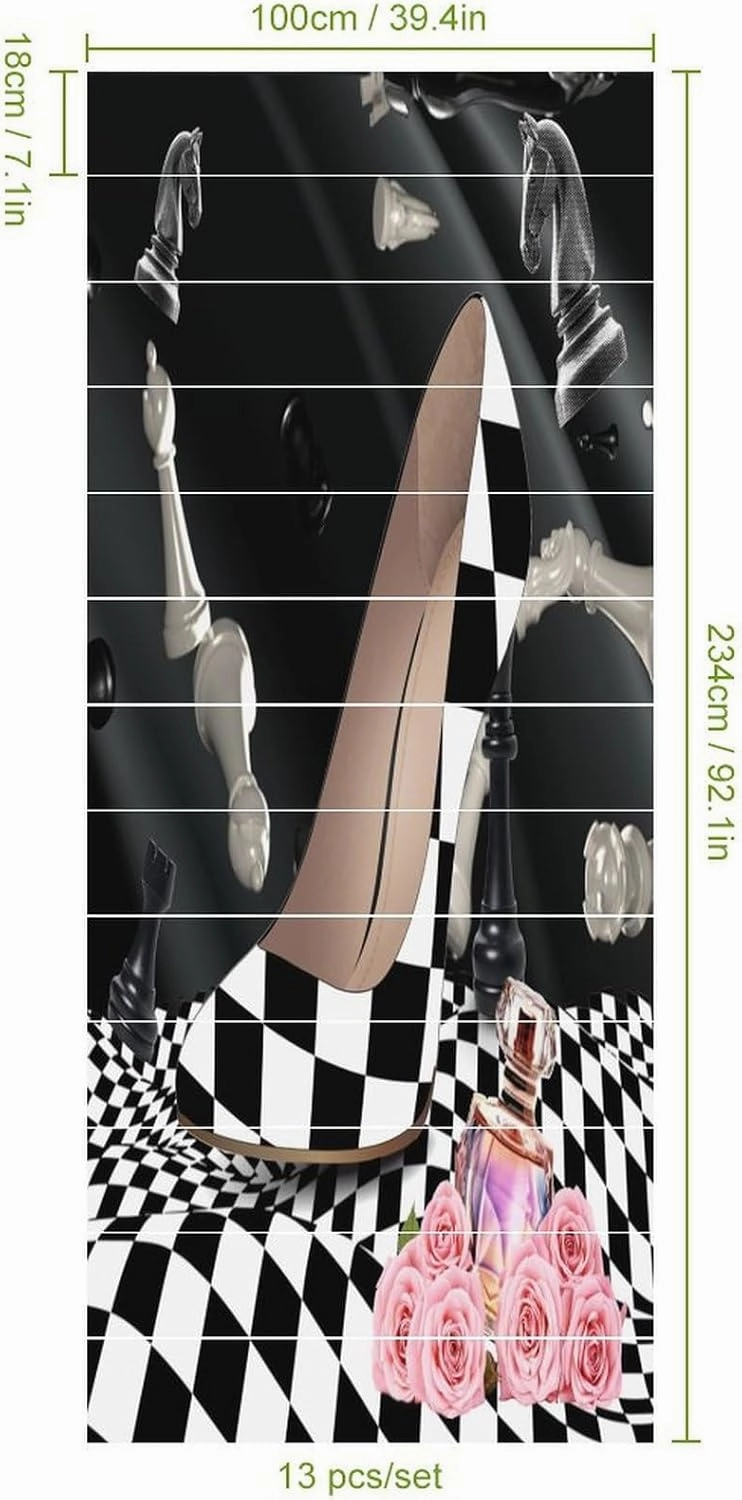 Abstract Modern Art High Heels Stair Riser Decoration Decorative Decals,Rustic Black White Plaid Makeup Theme High Heels for Indoor Outdoor Stair 7.1W"x39.4L"x2 Set