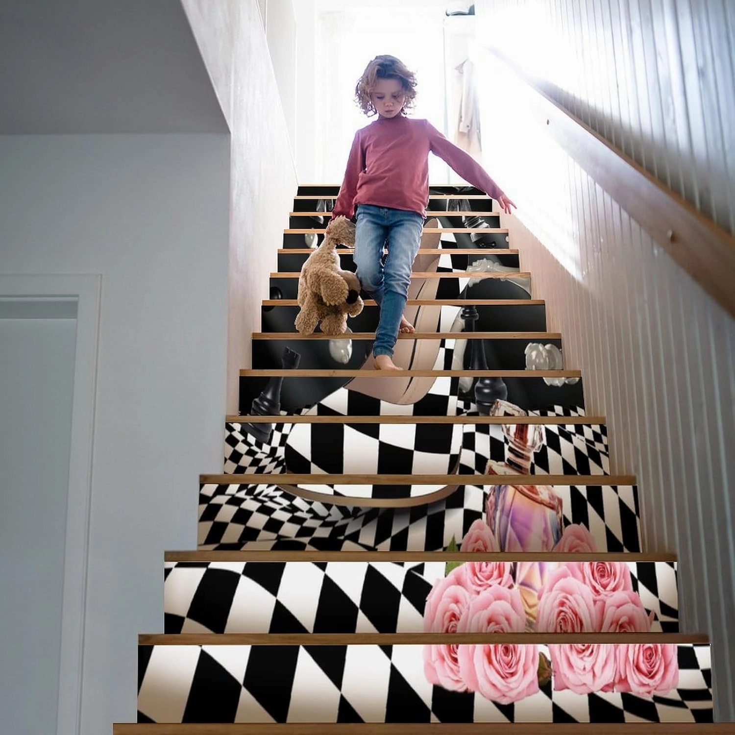 Abstract Modern Art High Heels Stair Riser Decoration Decorative Decals,Rustic Black White Plaid Makeup Theme High Heels for Indoor Outdoor Stair 7.1W"x39.4L"x2 Set