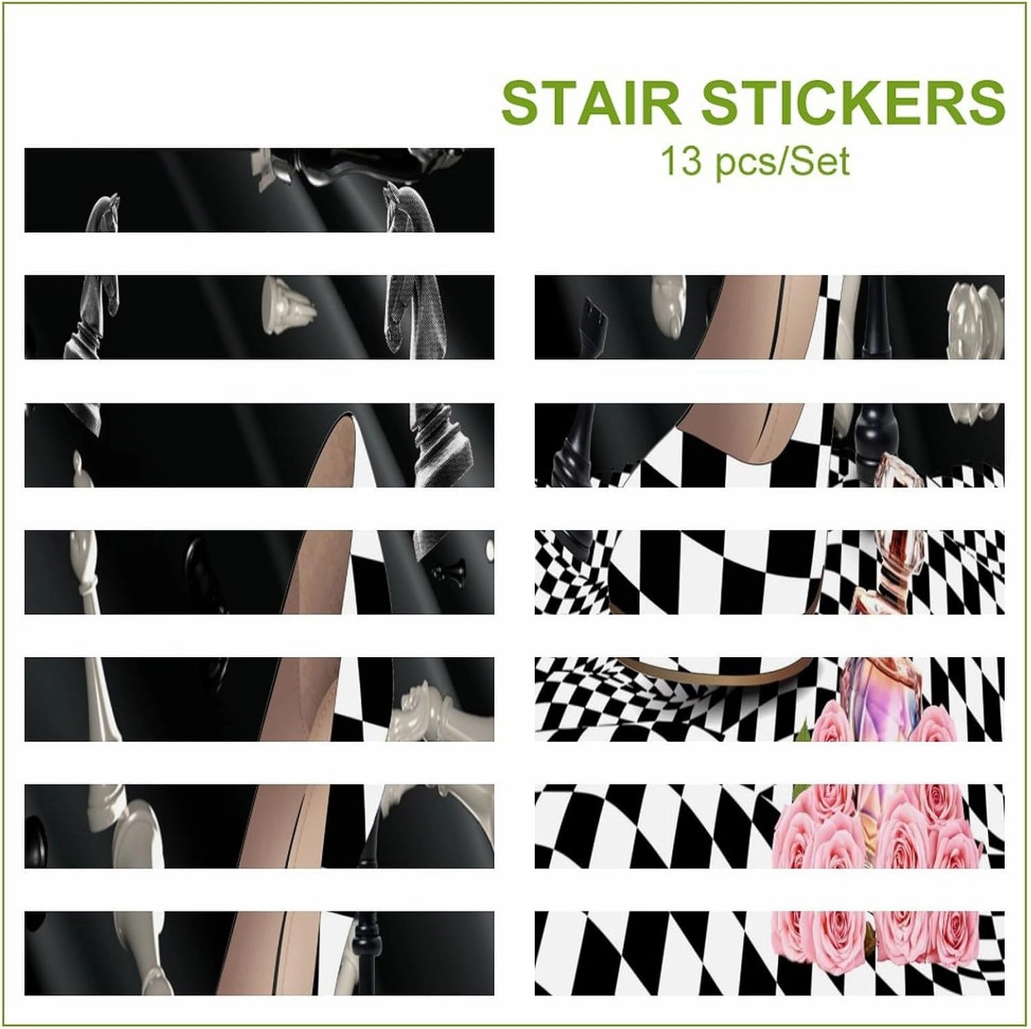 Abstract Modern Art High Heels Stair Riser Decoration Decorative Decals,Rustic Black White Plaid Makeup Theme High Heels for Indoor Outdoor Stair 7.1W"x39.4L"x2 Set