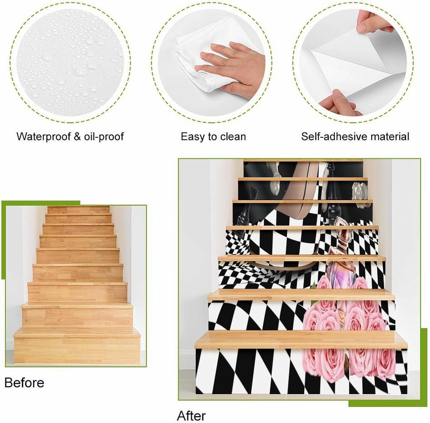 Abstract Modern Art High Heels Stair Riser Decoration Decorative Decals,Rustic Black White Plaid Makeup Theme High Heels for Indoor Outdoor Stair 7.1W"x39.4L"x2 Set