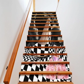 Abstract Modern Art High Heels Stair Riser Decoration Decorative Decals,Rustic Black White Plaid Makeup Theme High Heels for Indoor Outdoor Stair 7.1W"x39.4L"x2 Set
