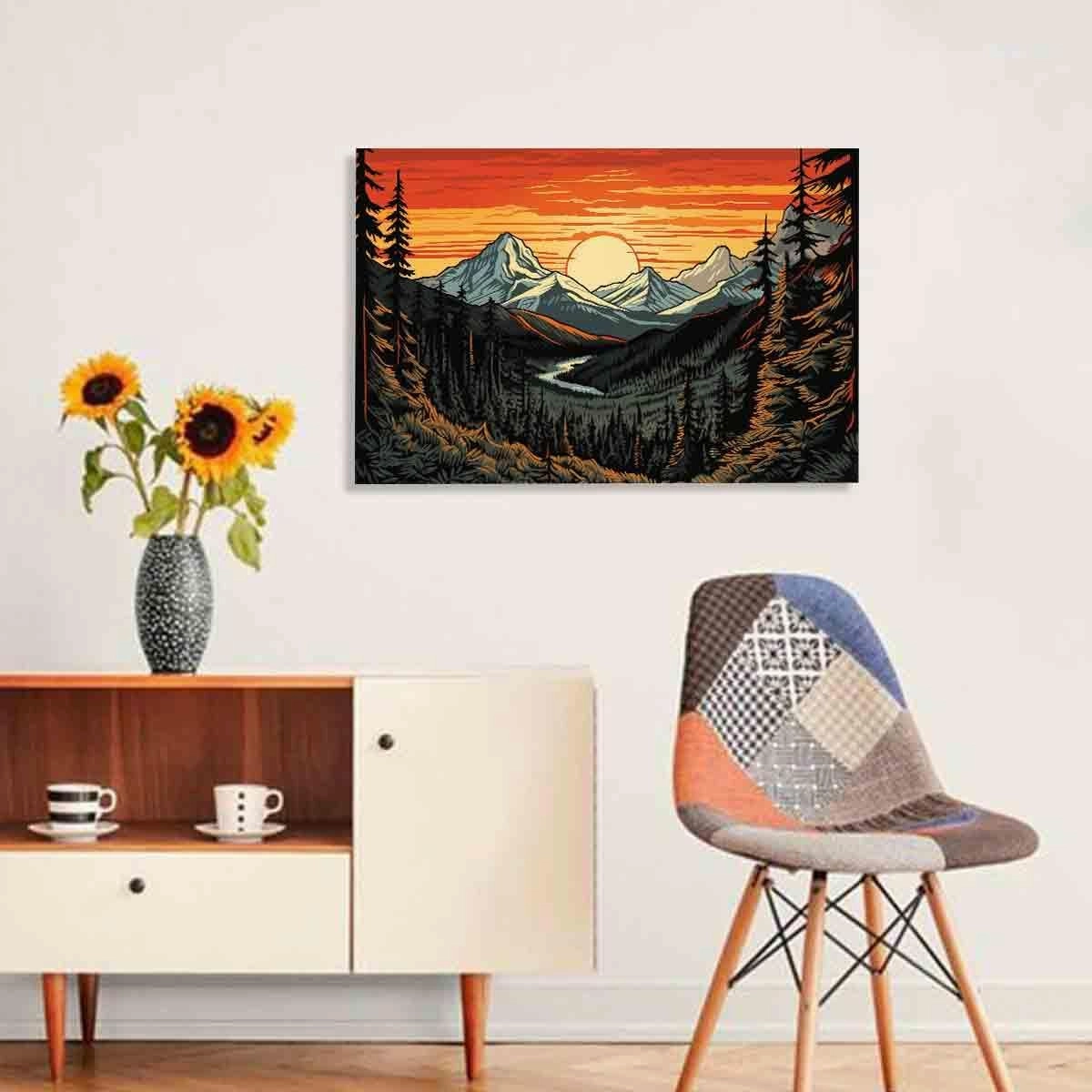 Abstract Sunset Wall Art Abstract Landscape Print Watercolor Pine Tree Wall Art Forest Sunset Painting Mountain Range Picture Modern Abstract Mountains Poster Modern Nature Painting 16x24inch No Frame