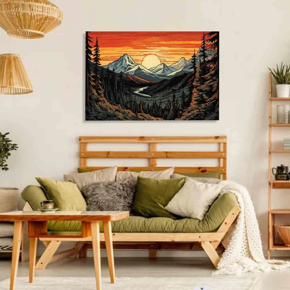 Abstract Sunset Wall Art Abstract Landscape Print Watercolor Pine Tree Wall Art Forest Sunset Painting Mountain Range Picture Modern Abstract Mountains Poster Modern Nature Painting 16x24inch No Frame