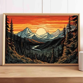 Abstract Sunset Wall Art Abstract Landscape Print Watercolor Pine Tree Wall Art Forest Sunset Painting Mountain Range Picture Modern Abstract Mountains Poster Modern Nature Painting 16x24inch No Frame