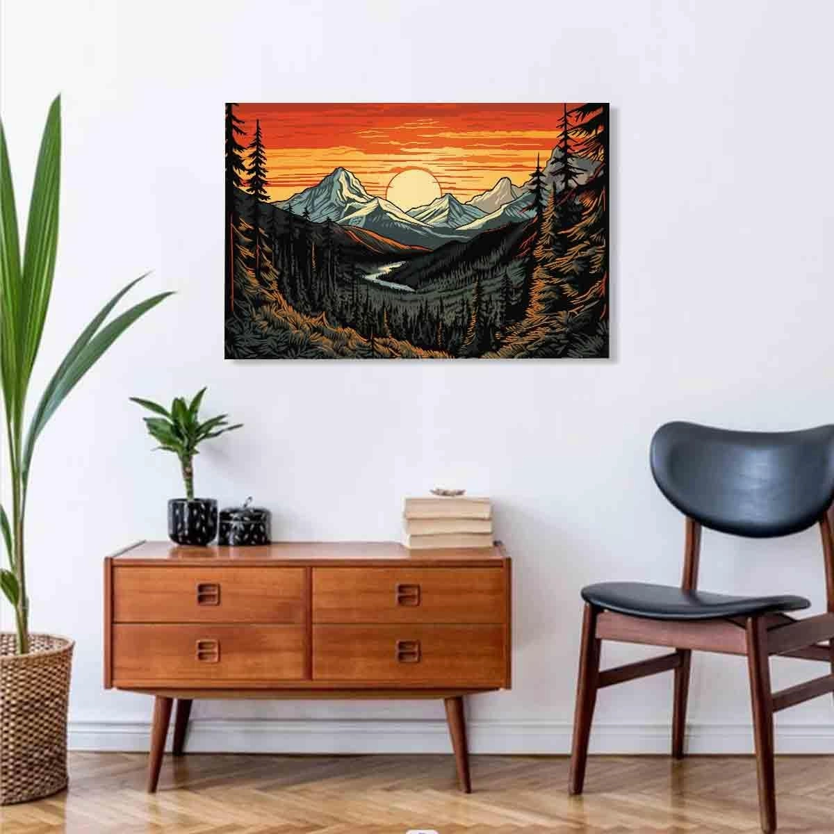 Abstract Sunset Wall Art Abstract Landscape Print Watercolor Pine Tree Wall Art Forest Sunset Painting Mountain Range Picture Modern Abstract Mountains Poster Modern Nature Painting 16x24inch No Frame