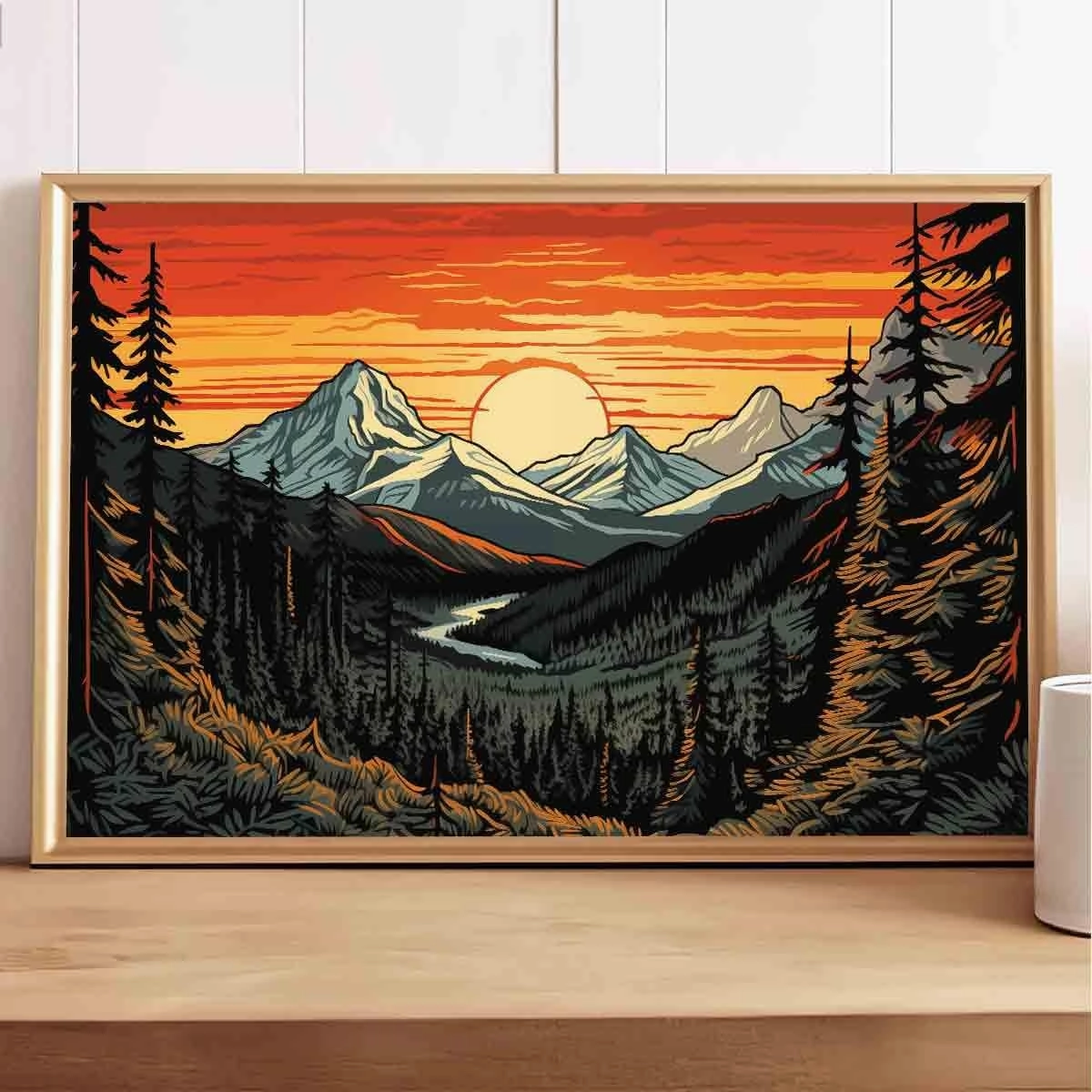 Abstract Sunset Wall Art Abstract Landscape Print Watercolor Pine Tree Wall Art Forest Sunset Painting Mountain Range Picture Modern Abstract Mountains Poster Modern Nature Painting 16x24inch No Frame