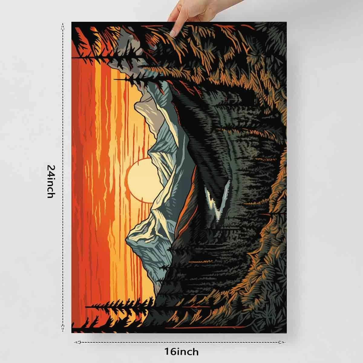 Abstract Sunset Wall Art Abstract Landscape Print Watercolor Pine Tree Wall Art Forest Sunset Painting Mountain Range Picture Modern Abstract Mountains Poster Modern Nature Painting 16x24inch No Frame