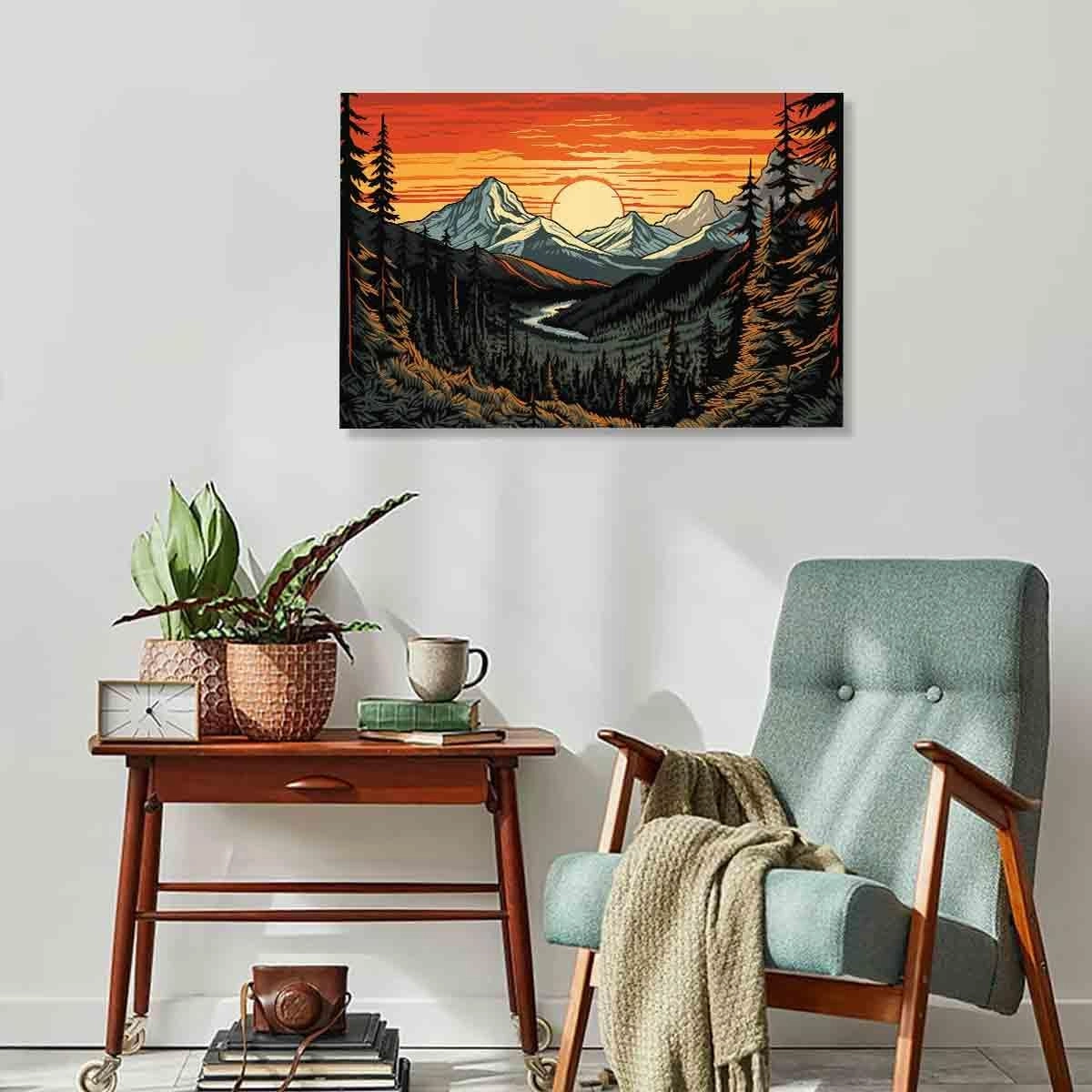 Abstract Sunset Wall Art Abstract Landscape Print Watercolor Pine Tree Wall Art Forest Sunset Painting Mountain Range Picture Modern Abstract Mountains Poster Modern Nature Painting 16x24inch No Frame