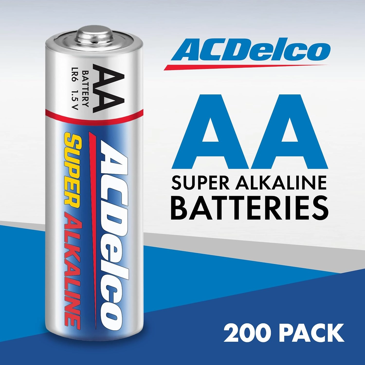 ACDelco 200-Count Double AA Batteries, Maximum Power Super Alkaline Battery, 10-Year Shelf Life, Reclosable Packaging