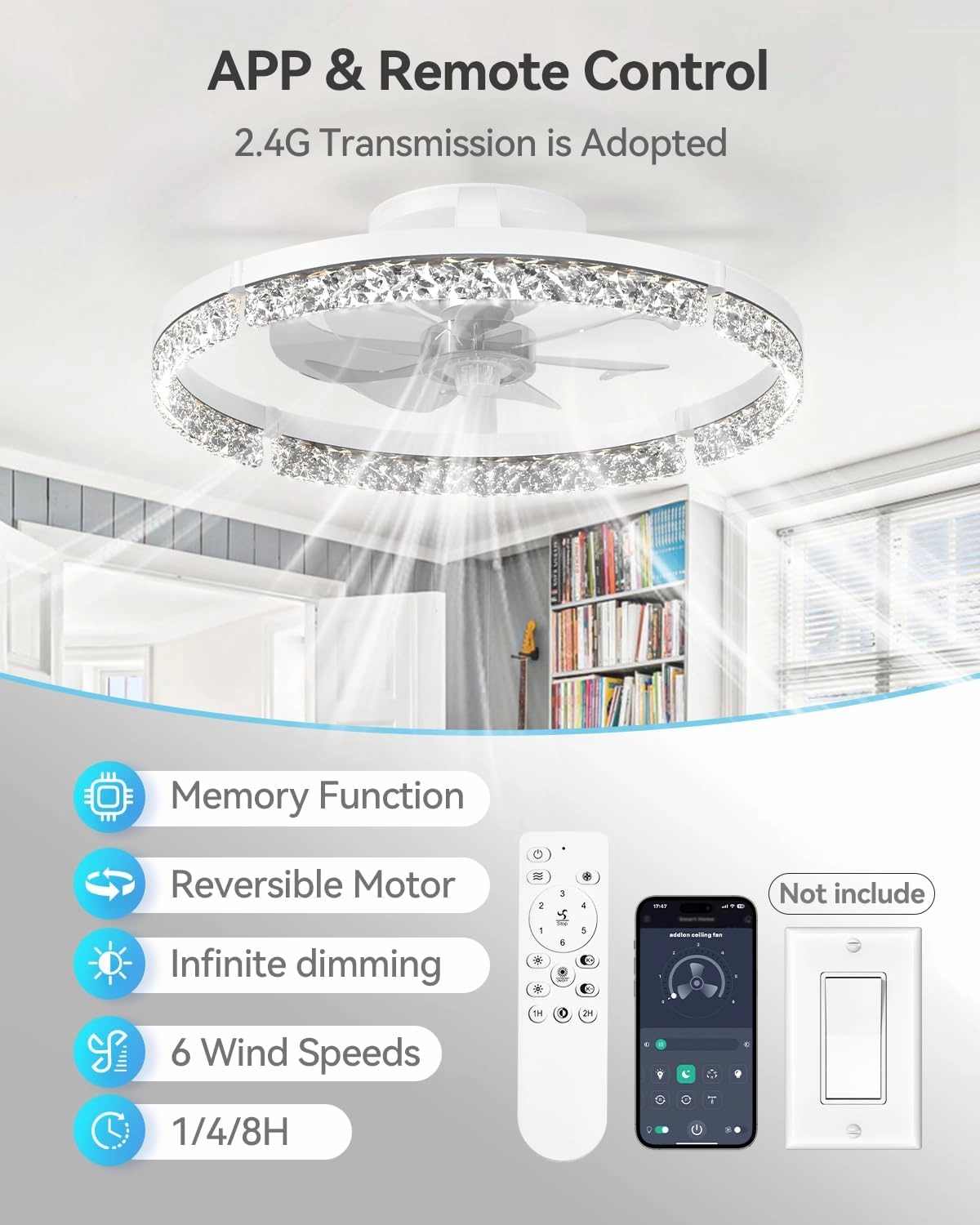 addlon Ceiling Fans with Lights and Remote, 20'' Low Profile Ceiling Fans, 3000-6000K Dimmable Modern Flush Mount LED Fan Light, Fandelier Ceiling Fan for Bedroom, Kitchen, Living Room, White
