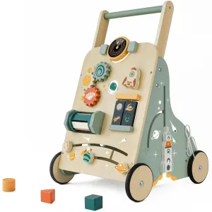 Adjustable Wooden Baby Walker – Montessori Push Toy for 1 Year Old with Rocket-Themed Activity Center, Sit-to-Stand Walker Gift for Boys and Girls