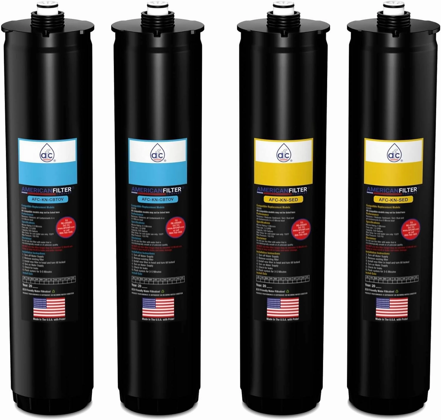 AFC™ Brand Model # AFC-KN-BY-2PK Water Filters, Compatible with Kinetico® K2 K5 & KRO Plus systems Filter Cartridge Set (Part # 9307A & 9309A) Blue/Yellow -Made in U.S.A. - 1 Year Pack