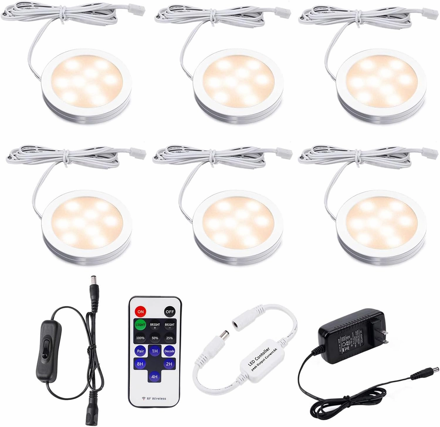 AIBOO Dimmable LED Under Cabinet Lighting, Counter Showcase Kitchen Lighting Fixtures with 12V Plug in adapter and Dimmable Wireless Remote Control, 6 Ultra Slim Puck Lights Kit (Warm White)