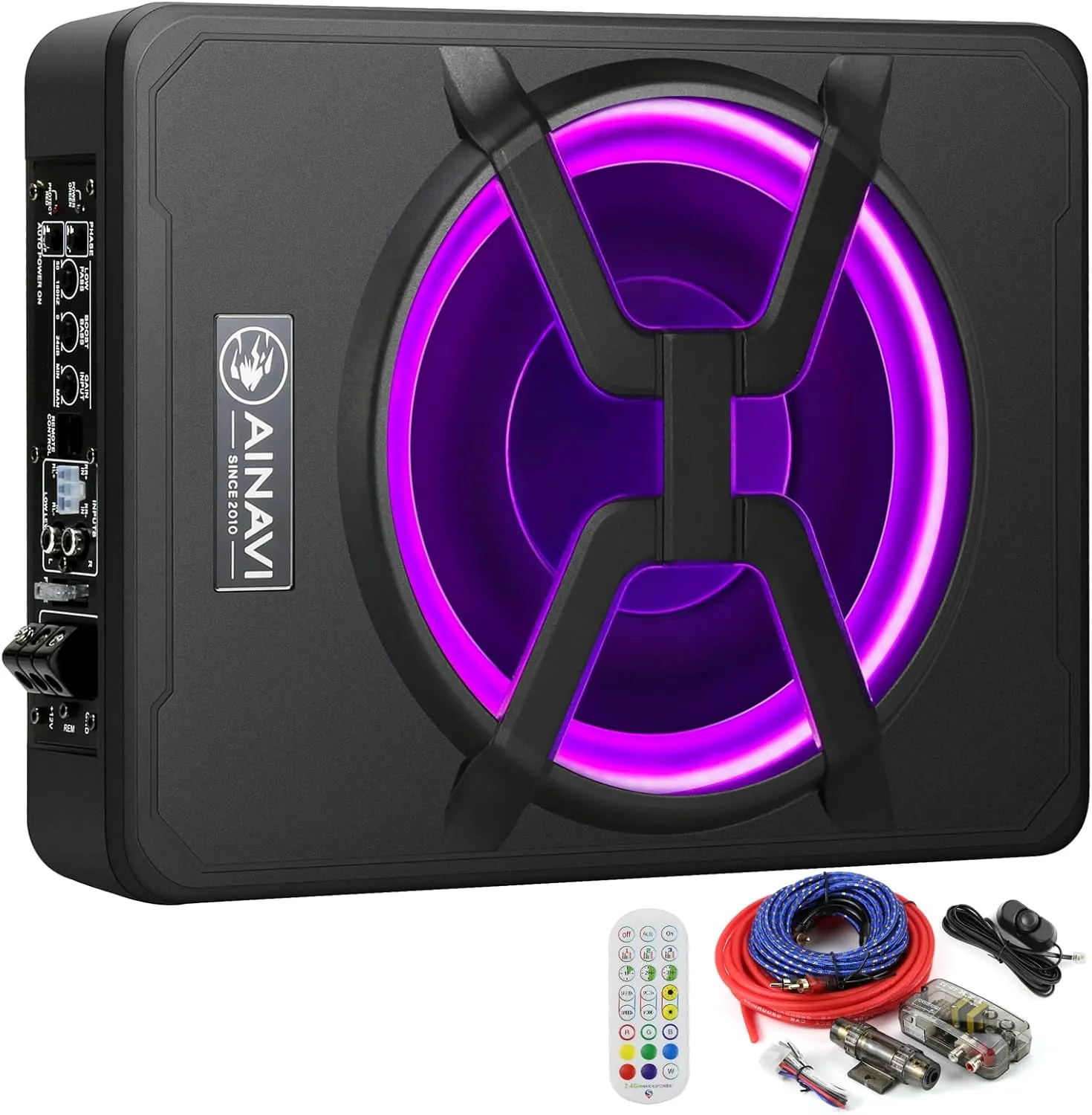 AINAVI 10 Inch Under Seat Car Subwoofer Bass Active Stereo with Multi Colors Ambient Lighting,Built-in Amplifier 800 Watts Max, Remote Control and Enclosure