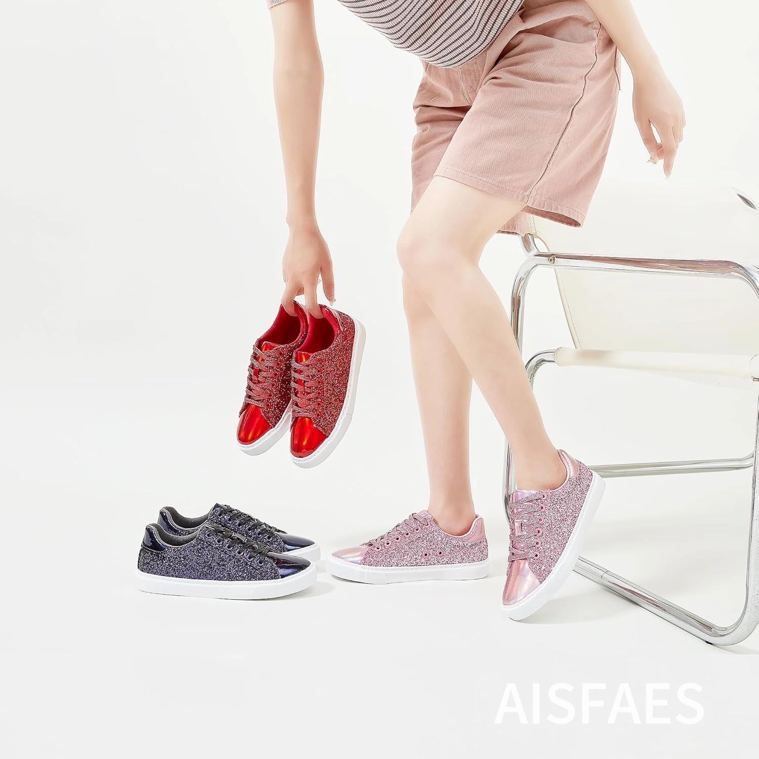 AISFAES Glitter Sneakers Sparkly Low Top Sequins Sneakers Lace Up Tennis Shoes Comfort Bling Shoes Fashion Shiny Walking Shoes