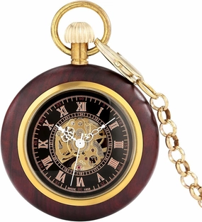 Alarm Clocks Vintage Wooden Mechanical Pocket Watch Carving Hand Winding Thick Chain Clock Classic Jewelry Gift Clock for Bedroom