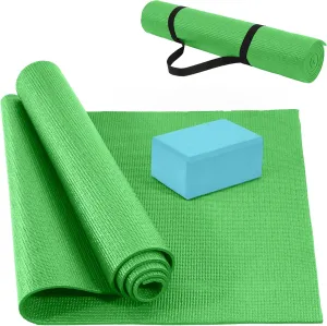 All Purpose 1/4-Inch High Density Anti-Tear Exercise Yoga Mat with Carrying Strap and Yoga Blocks, Green