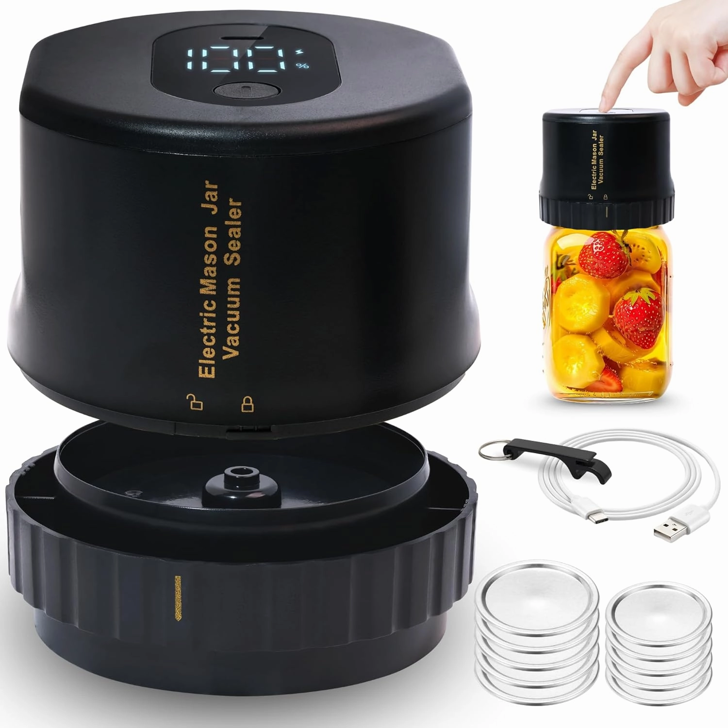 All-New 2025 Electric Mason Jar Vacuum Sealer Kit – Automatic Rechargeable Sealer for Mason Jars – Includes 5 Lids (Regular & Wide Mouth), Lid Opener, & Type-C Cable – Eco-Friendly Food Preservation