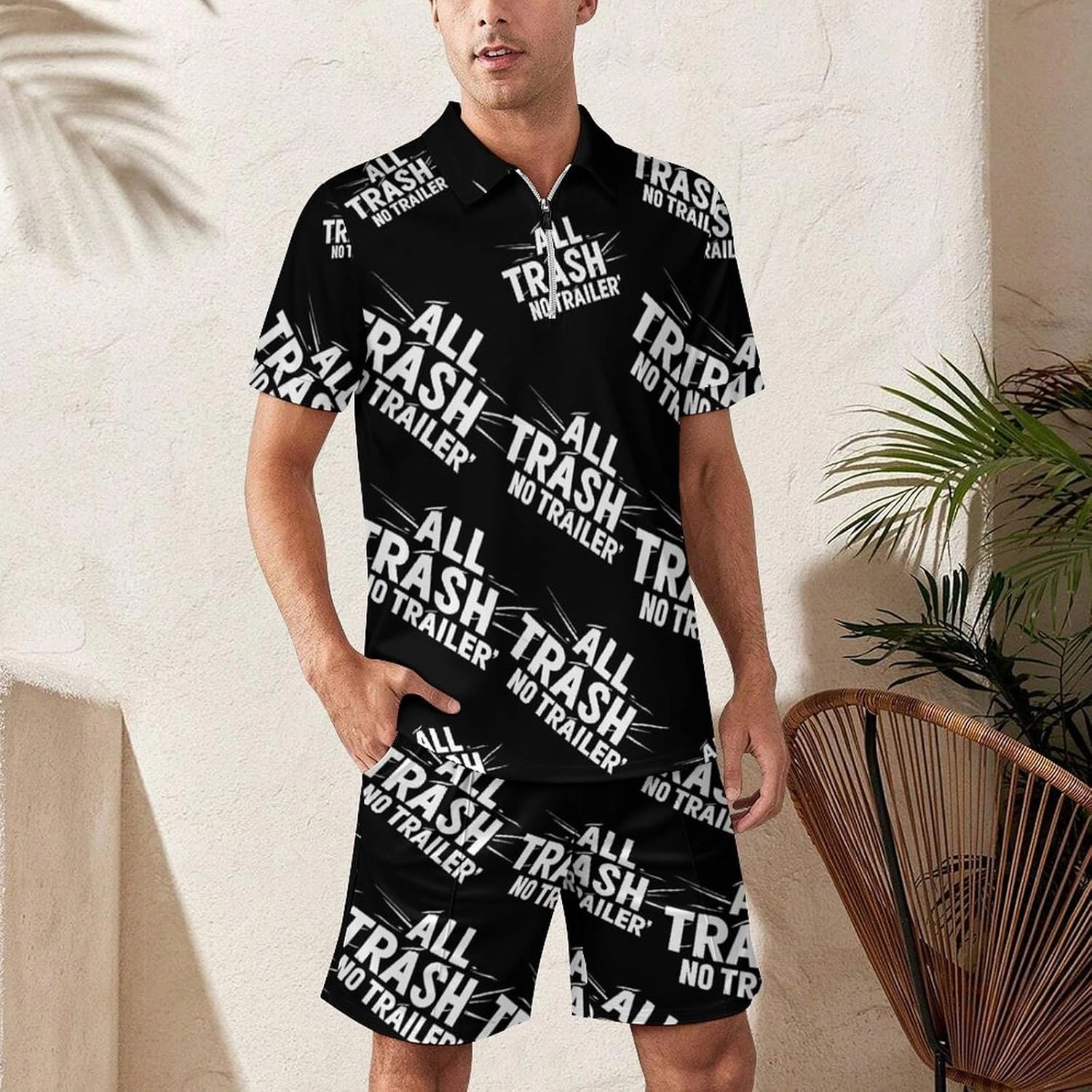 All Trash No Trailer Fashion Mens Polo Shirts And Shorts Set Summer Outfits 2 Piece