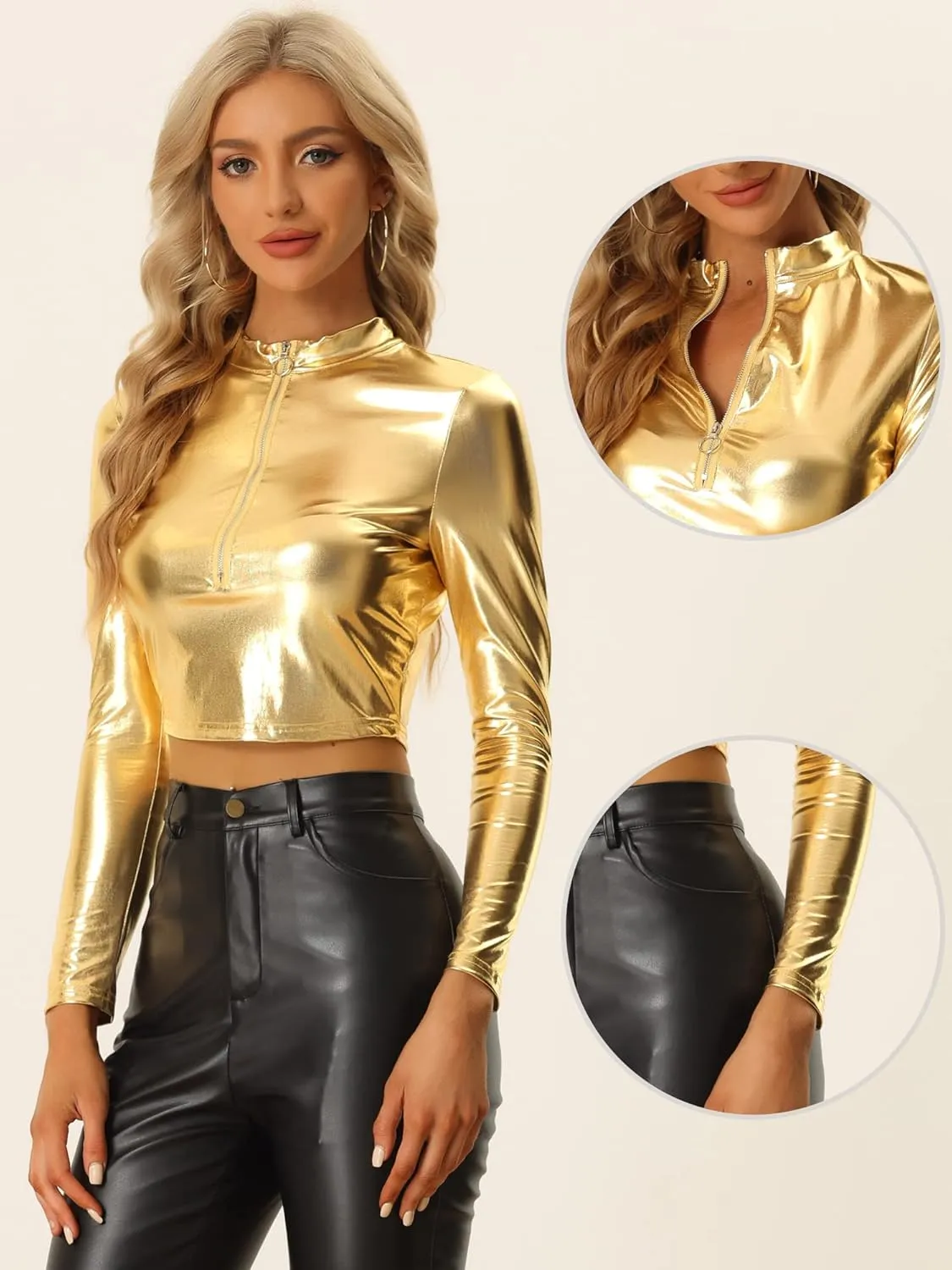 Allegra K Metallic Crop Top for Women's Mock Neck Long Sleeve Zip Up Party Shiny Tops