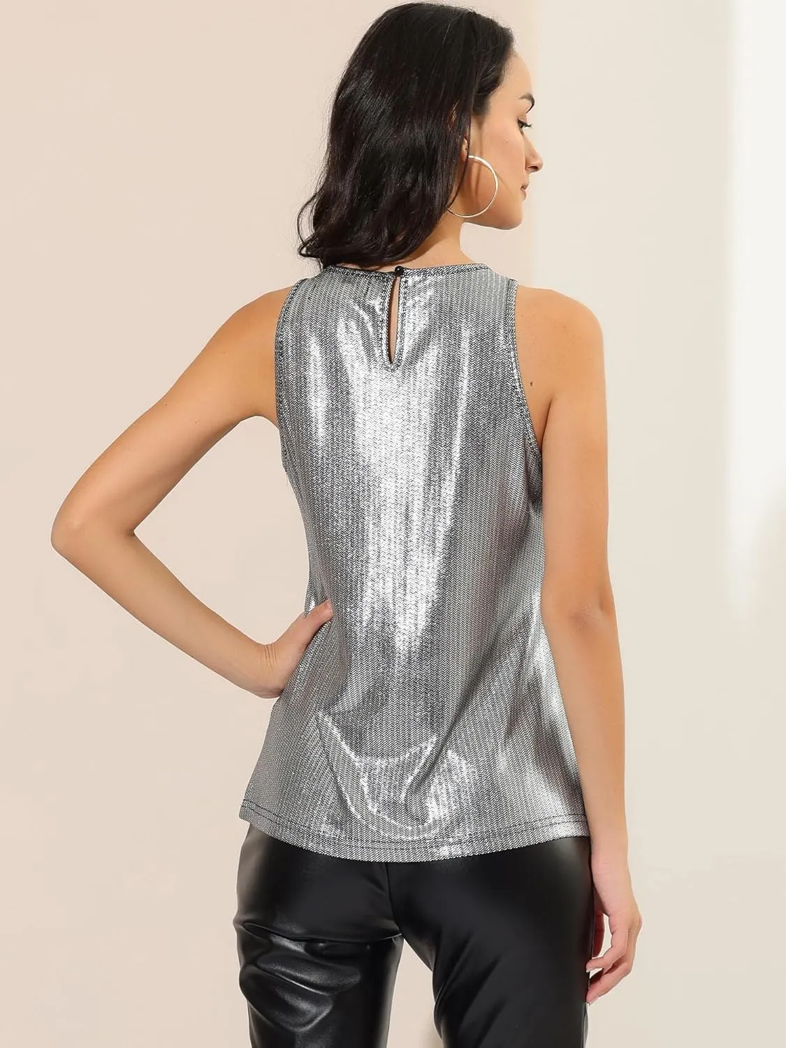 Allegra K Women's Metallic Tank Tops Shiny Sleeveless Party Disco Shirt
