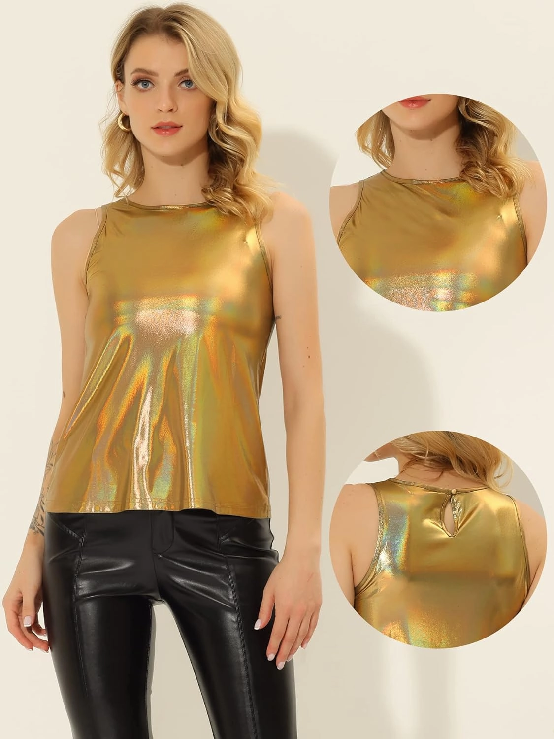Allegra K Halloween Metallic Tank Top for Women's Sleeveless Club Party Shiny Shirt